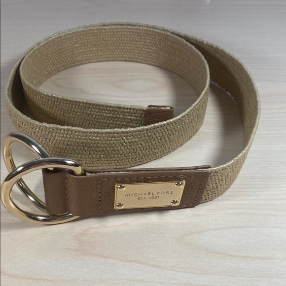MICHAEL Michael Kors Tan and Brown Leather Belt with Brass Buckle - Picture 1 of 5
